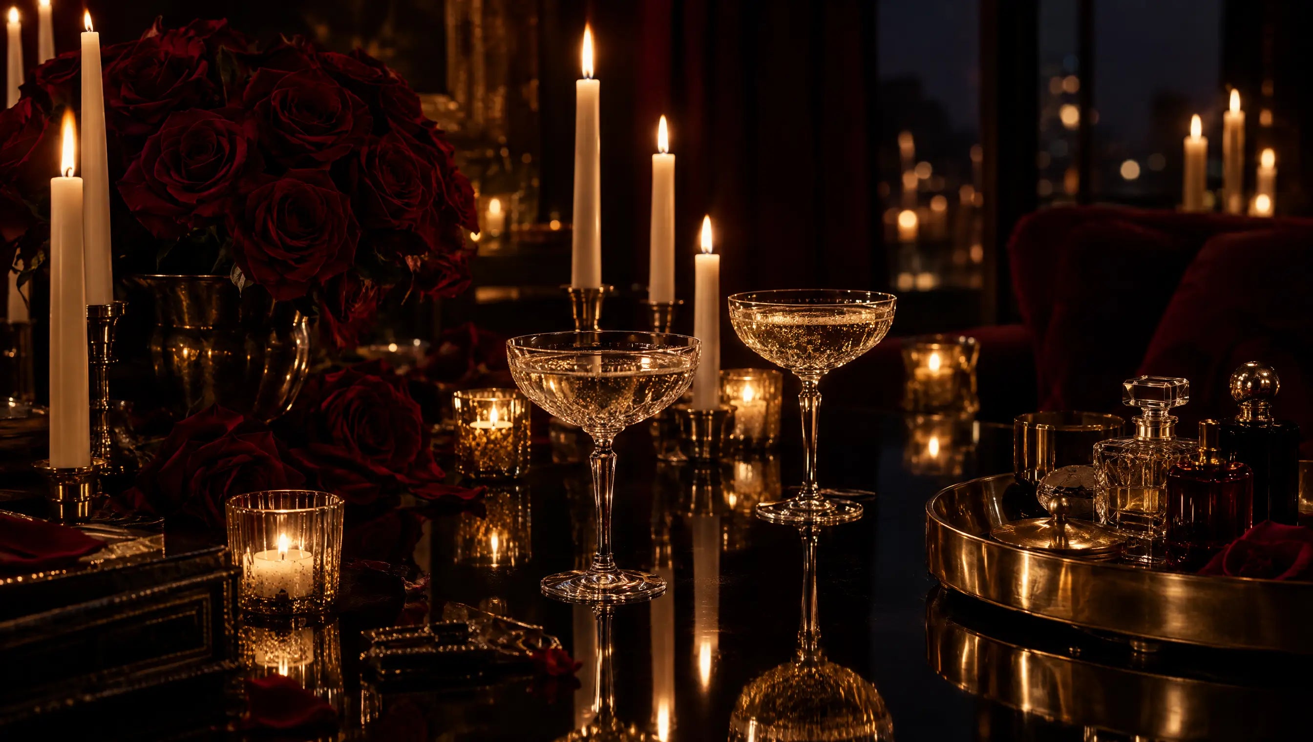 Candlelit table at night with coupe glasses and red roses