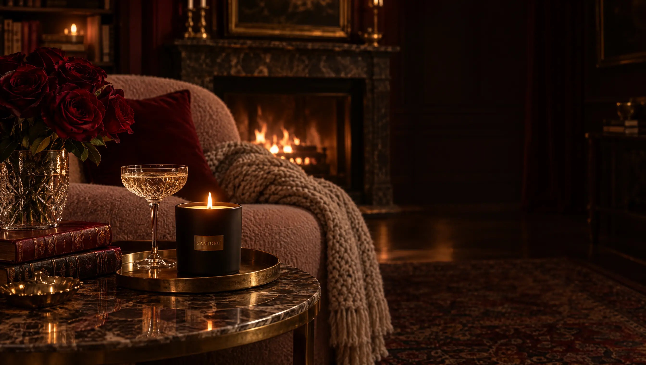 A candlelit living room at night with a Santoro candle, roses, and a coupe of champagne