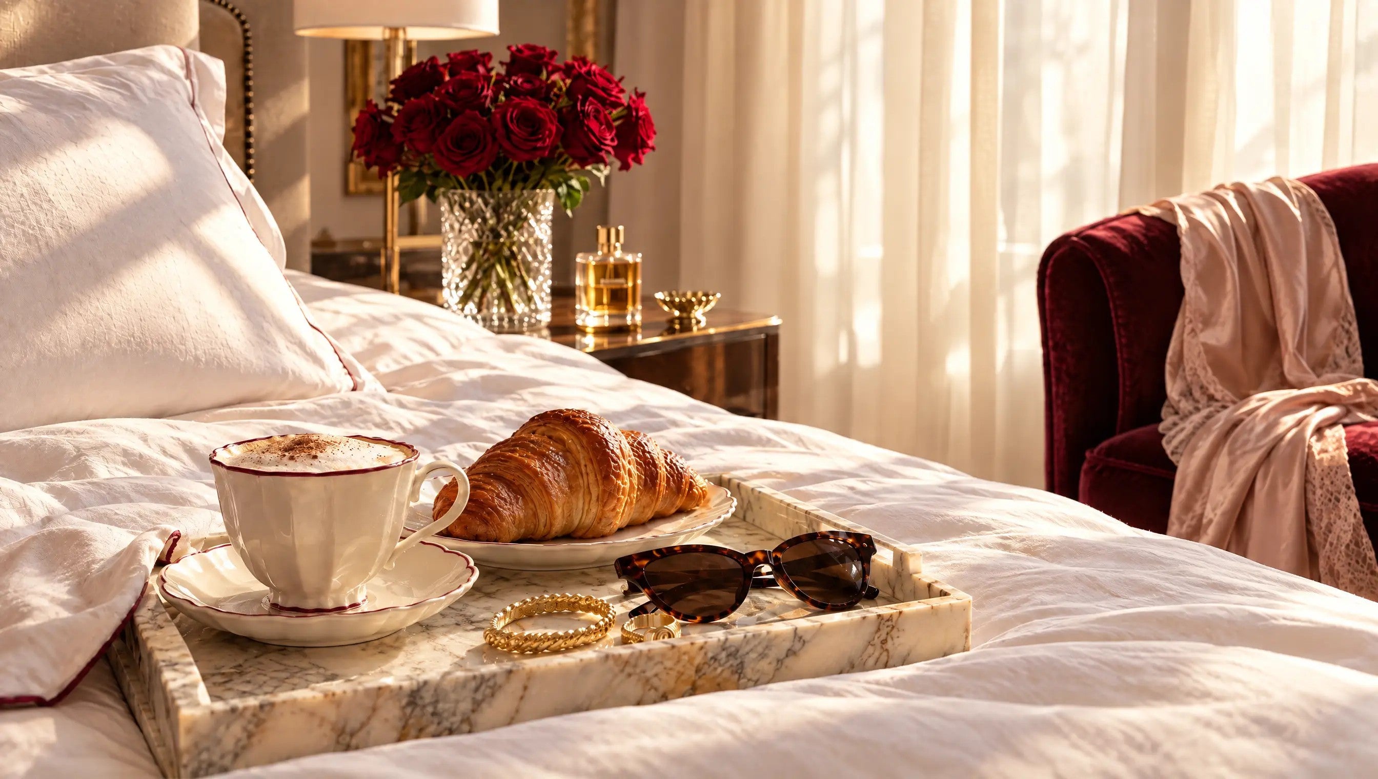 Breakfast in bed with a Santoro cup, red roses, and morning sun